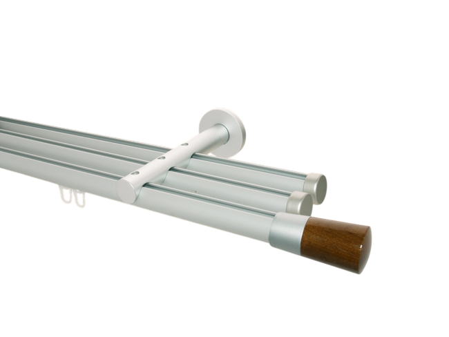 Gardinenstange Innenlaufsystem Silber Holzzylinder dunkel 3lfg. Gardinenstange Innenlaufsystem Silber Holzzylinder dunkel 3lfg.