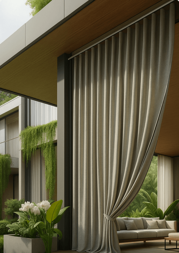 Outdoorvorhang Wellenband Dekoration Zugabe 1 2 Outdoor-Vorhang für Terrasse – wetterfest, blickdicht und dekorativ in moderner Leinenoptik